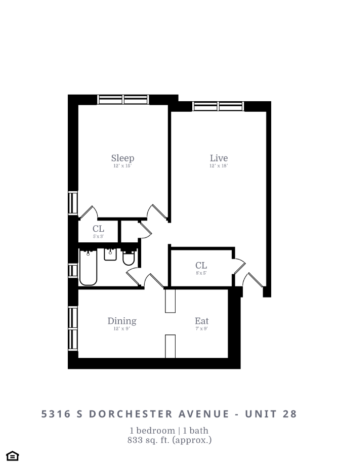 Floor plan for 1 bed, 1 bath, 833 sqft